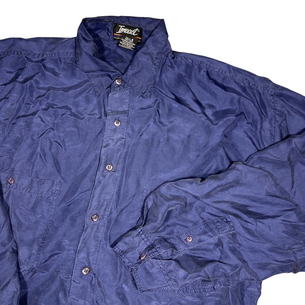 Vintage Impact Mens 100% Silk Button Up Shirt Large Navy Blue Long Sleeve L